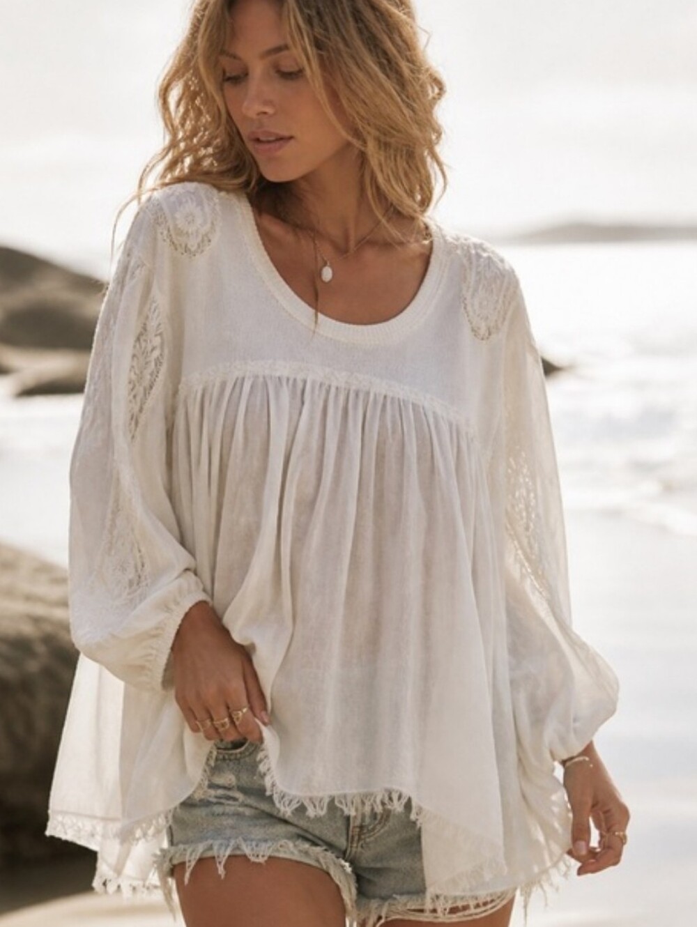 Free People White Bohemian Romantic Style Top Tunic